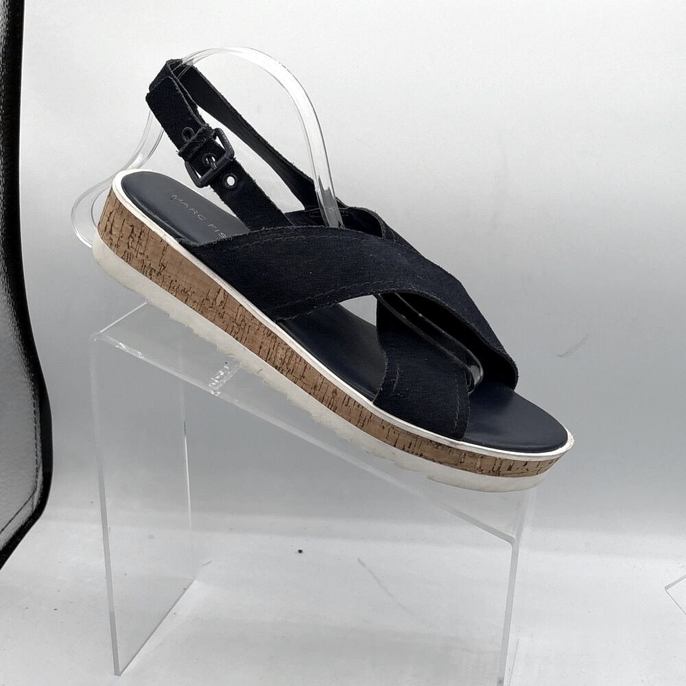 Marc Fisher Glitze Leather Sandals Size 8M Platform Cross Strap Slingback Navy